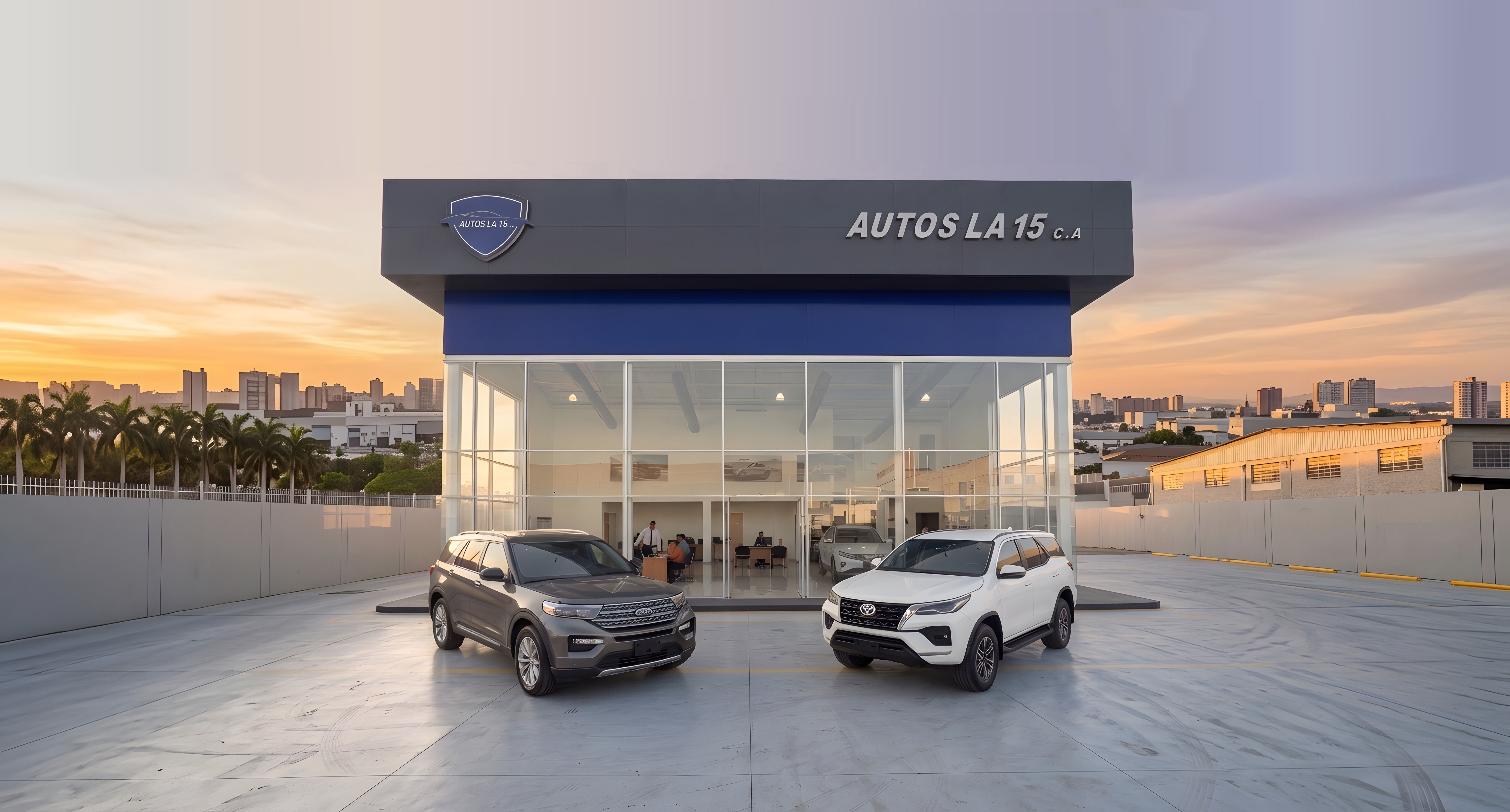 Fachada de Autos La 15 con vehículos en exhibición al atardecer